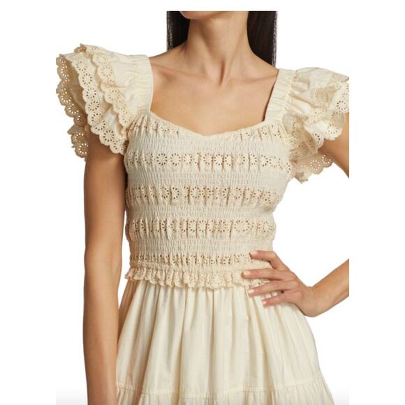 Sea New York Everleigh Eyelet Smocked Midi Cream Tiered Dress Large - Picture 2 of 6